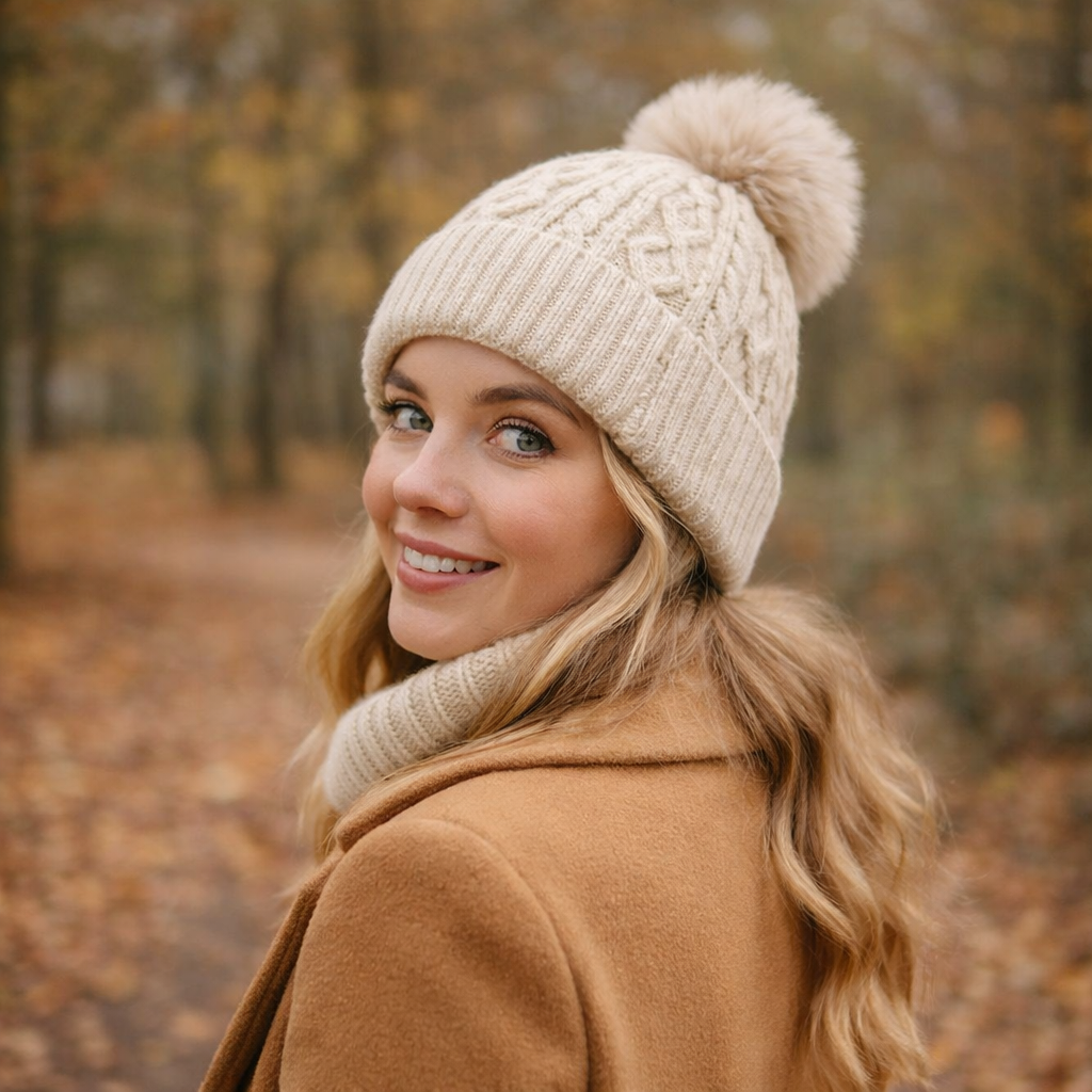 Winter Pom-Pom Cable Knit Beanie in Multiple Colors