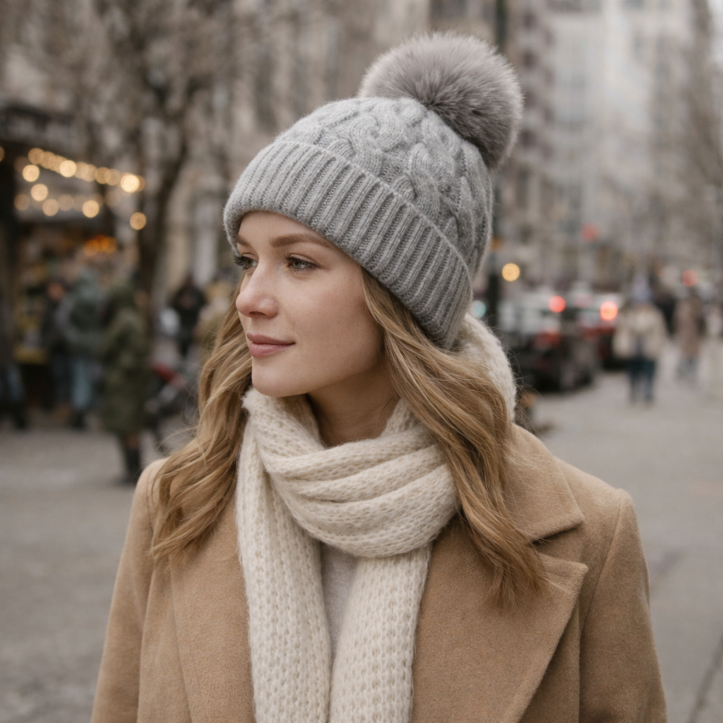 Winter Warm Cable Knit Pom Pom Beanie for Women and Men