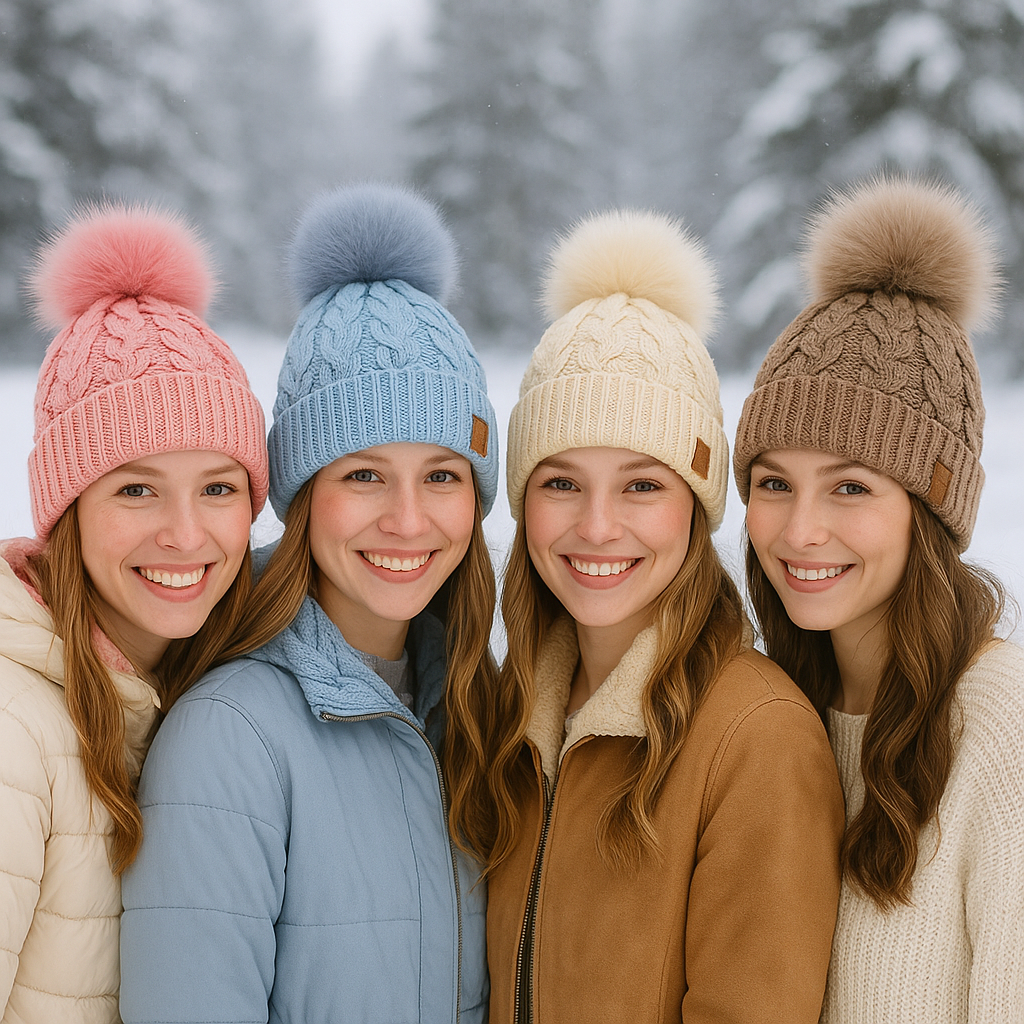 Winter Chunky Knit Beanie with Faux Fur Pom - Multiple Colors