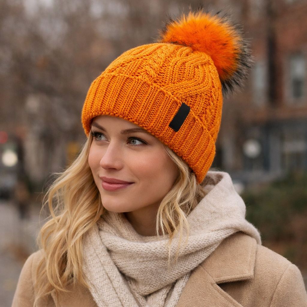 Winter Warm Knit Pom Beanie with Faux Fur Trim