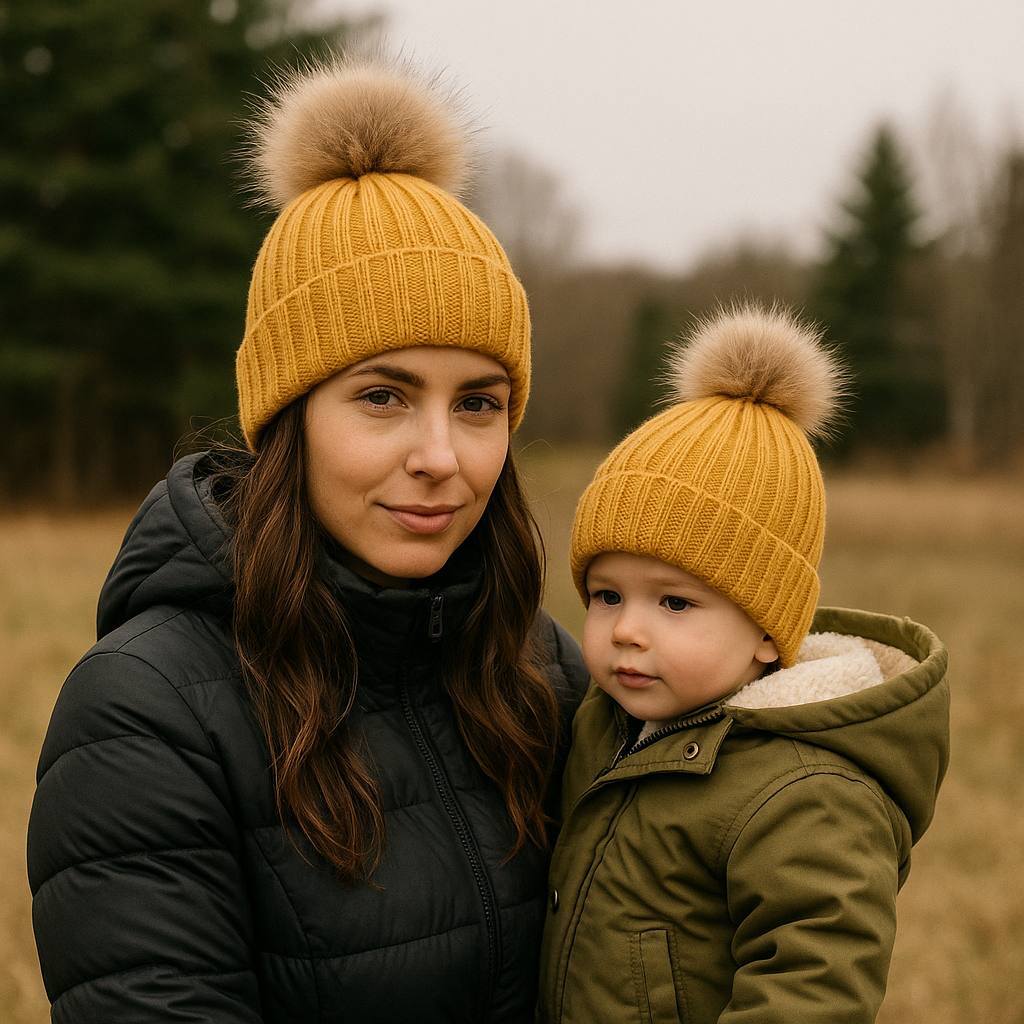 Warm Winter Knit Pom Pom Hat – Adult & Kid Matching Beanie Set