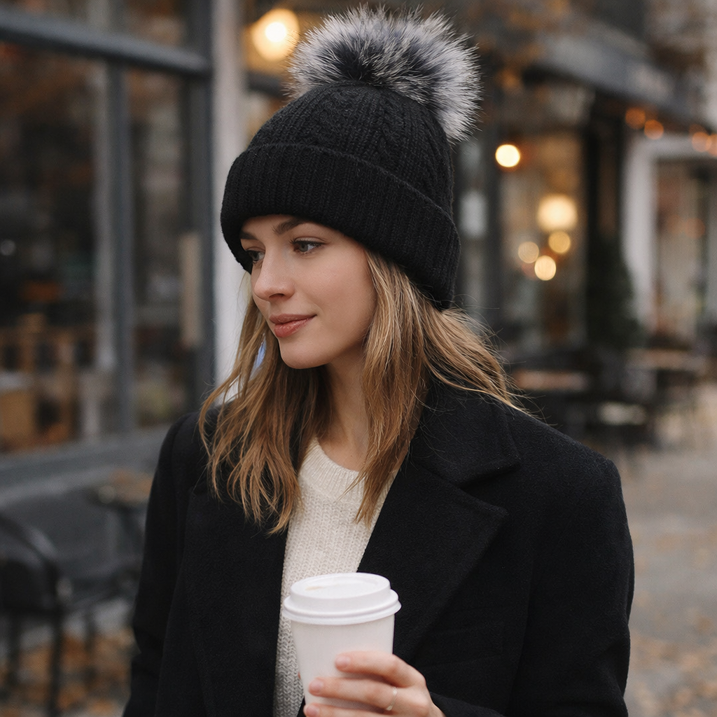 Winter Knit Beanie with Faux Fur Pom – Warm Cuffed Hat for Cold Weather