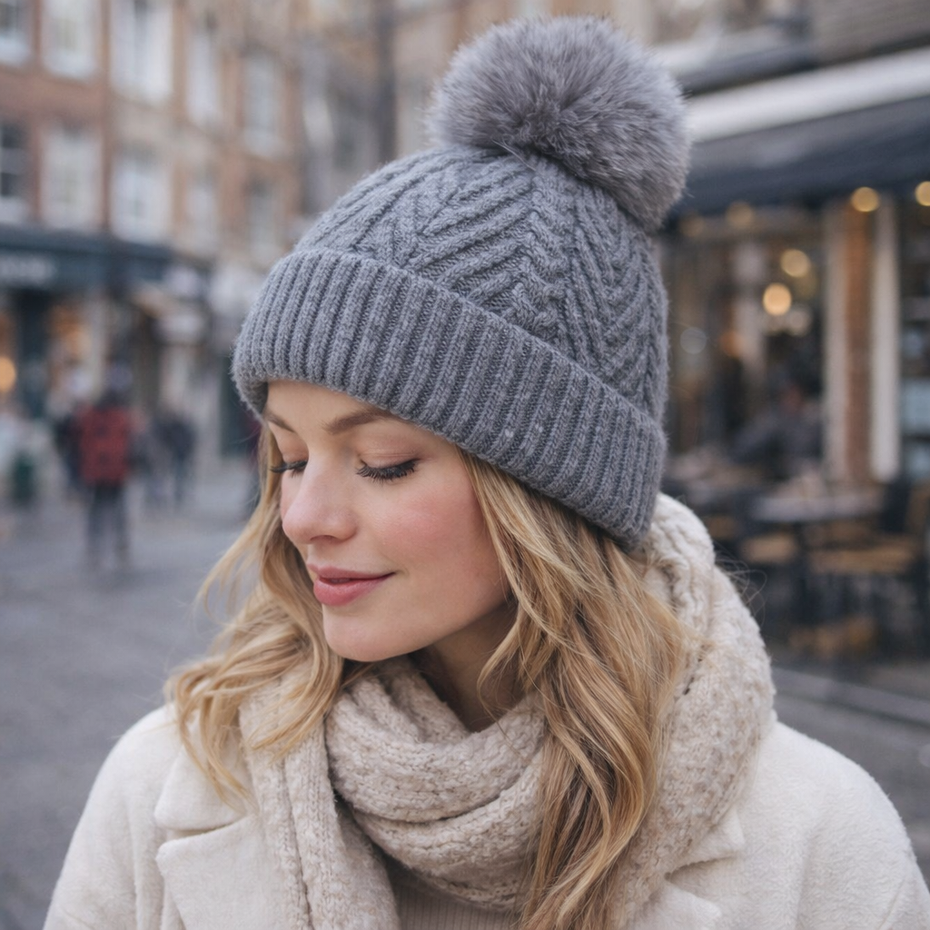 Women’s Cable Knit Cuffed Beanie with Faux Fur Pom Pom for Winter