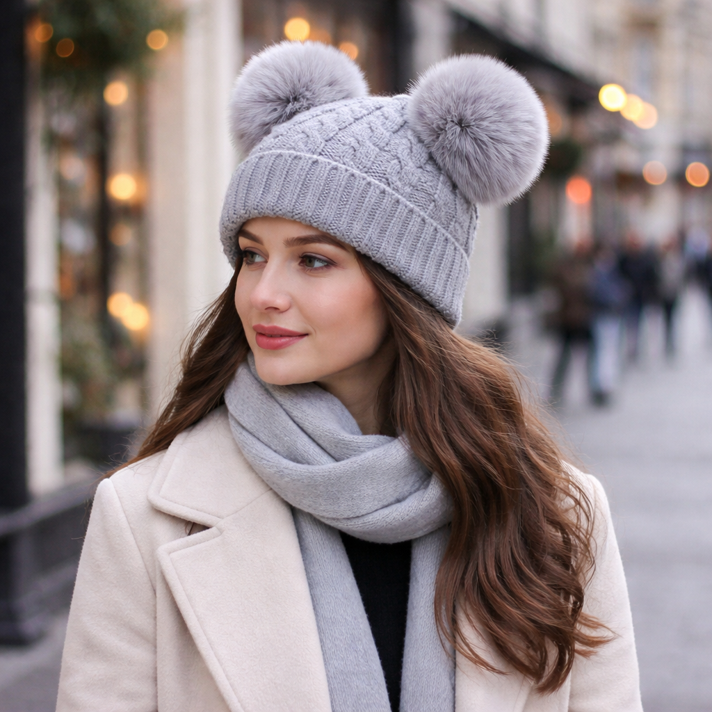 Double Pom Pom Soft Knit Winter Beanie for Kids and Adults