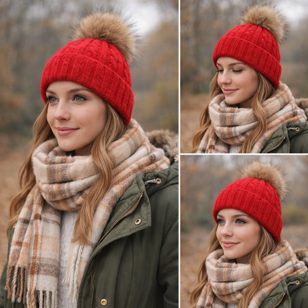 Winter Cable Knit Pom Pom Beanie – Soft Cuffed Hat with Faux Fur Ball