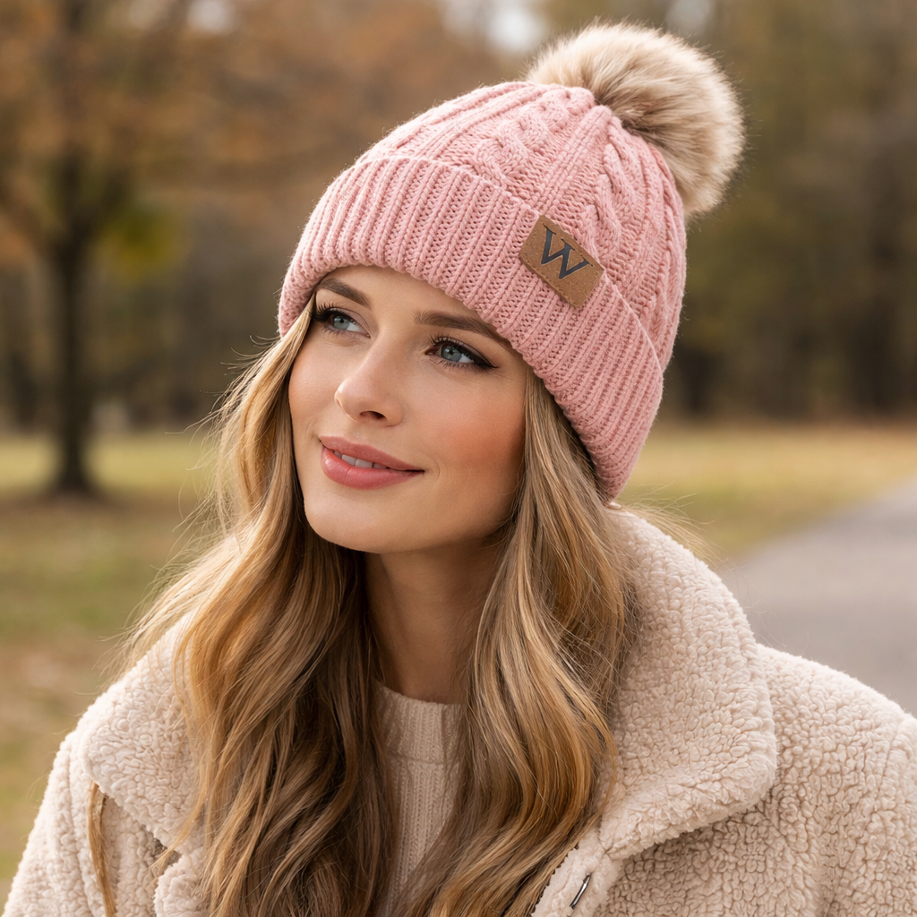 Winter Faux Fur Pom Cable Knit Beanie