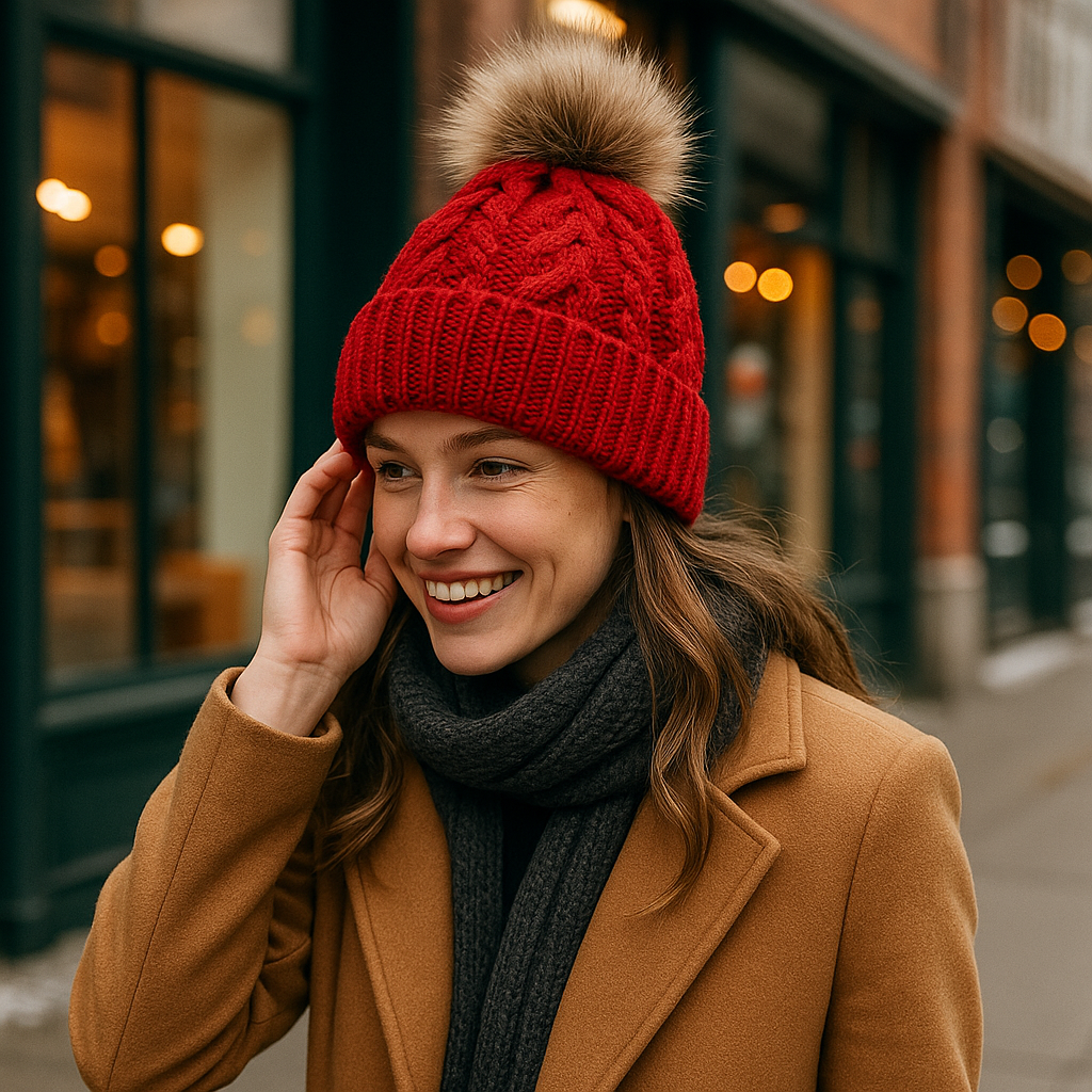 Winter Cable Knit Pom Pom Beanie Hat with Faux Fur