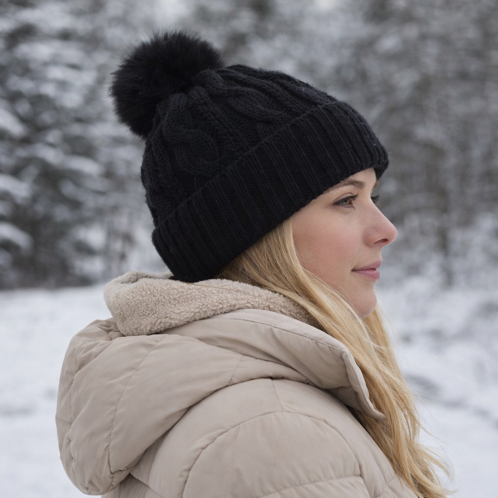 Winter Warm Chunky Knit Beanie with Faux Fur Pom Pom