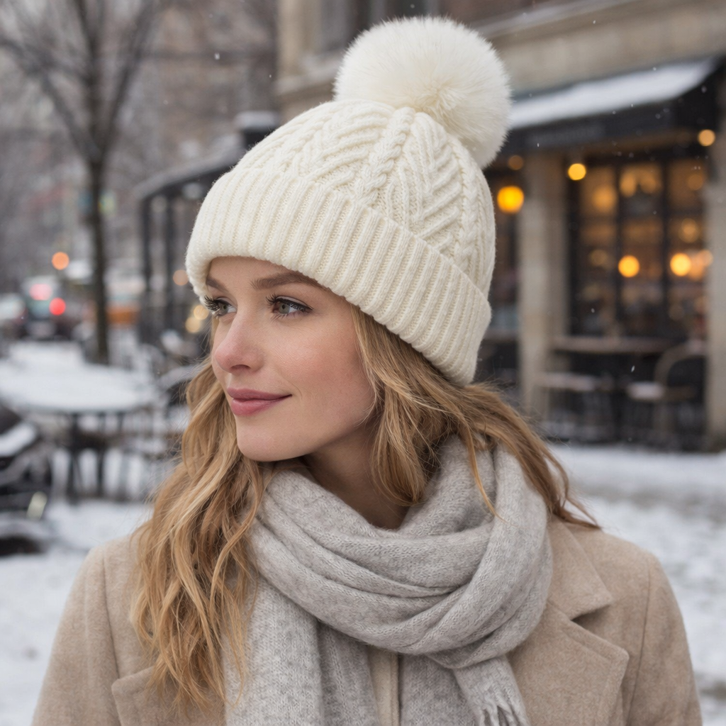 Winter Warm Chunky Knit Beanie Hat with Faux Fur Pom – Multiple Colors