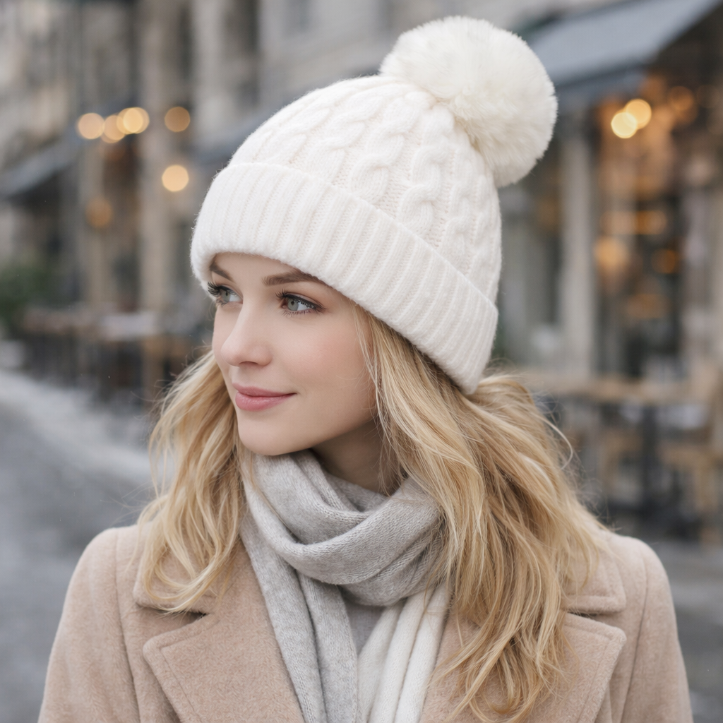 Winter Knit Beanie Hat with Faux Fur Pom – Thick Cable Cuffed Warm Cap for Women