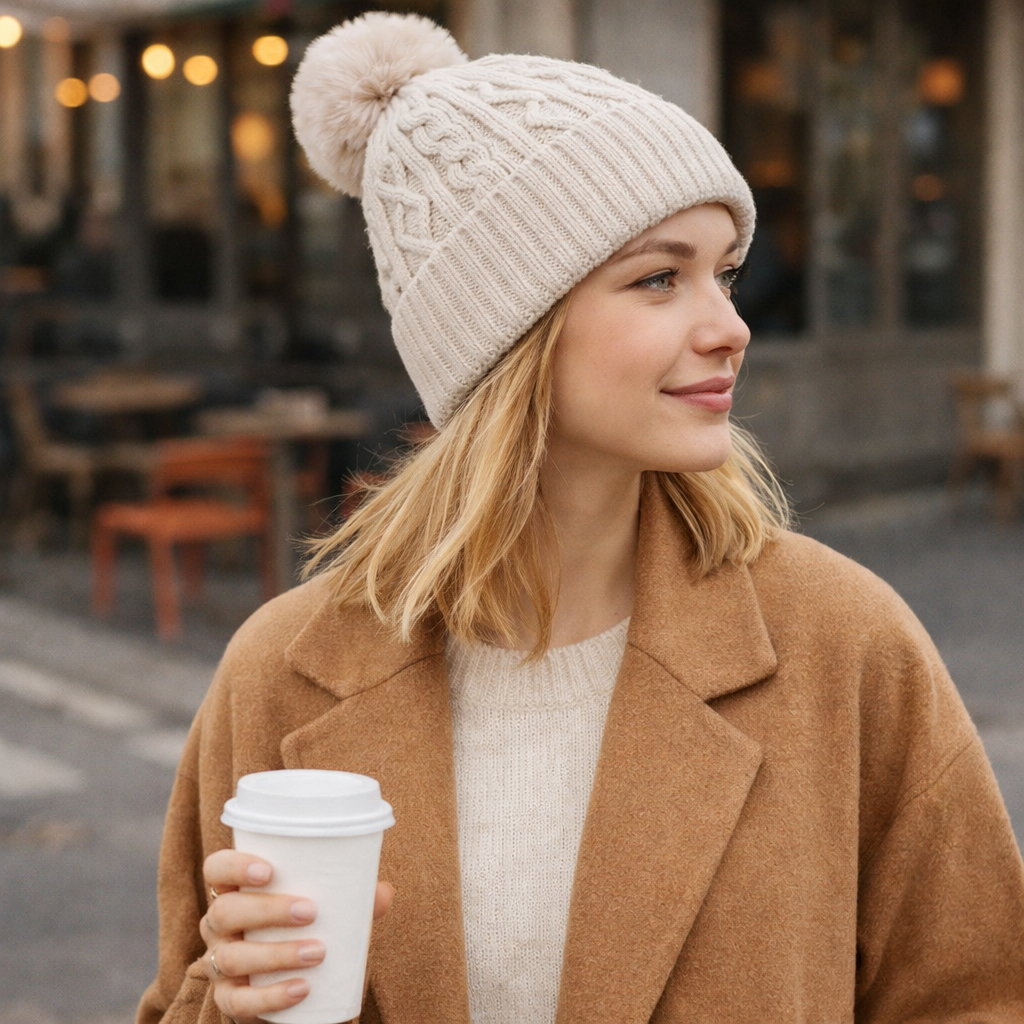Winter Warm Cable Knit Beanie with Faux Fur Pom Pom