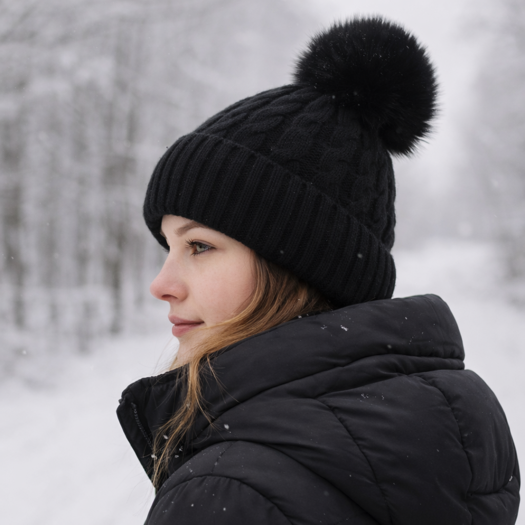 Winter Warm Knit Beanie Hat with Faux Fur Pom for Women - Soft Ribbed Cuffed Style