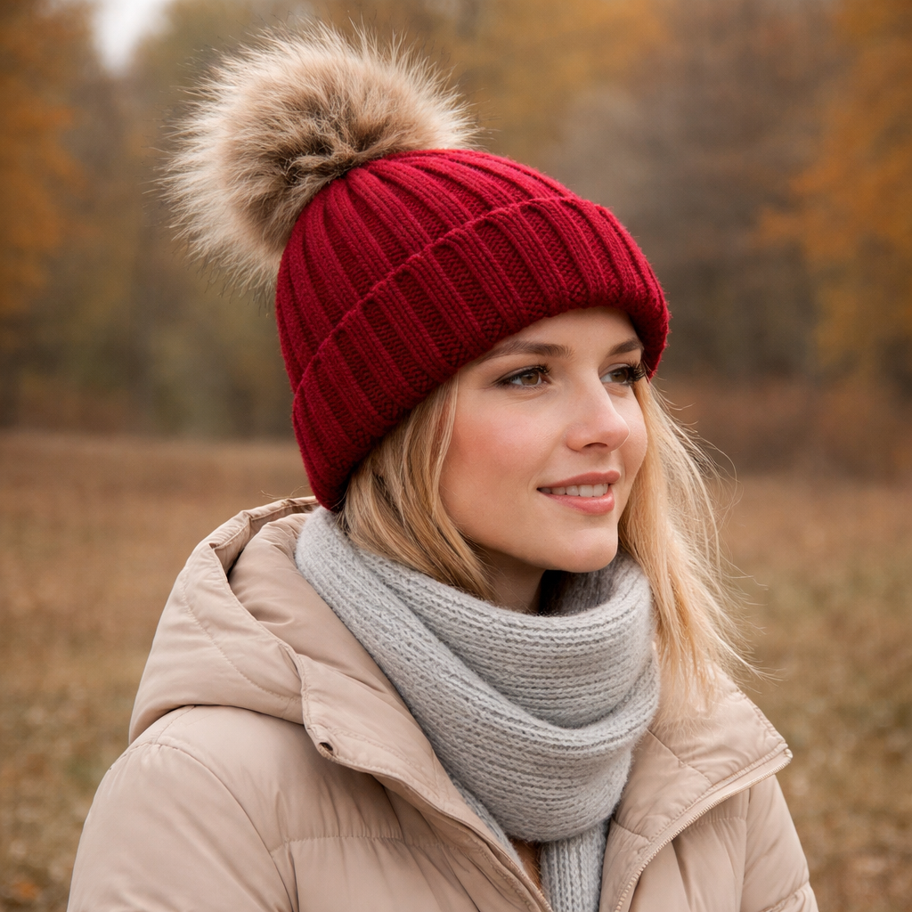Winter Warm Ribbed Beanie Hat with Faux Fur Pom – Cuffed Knit Cap