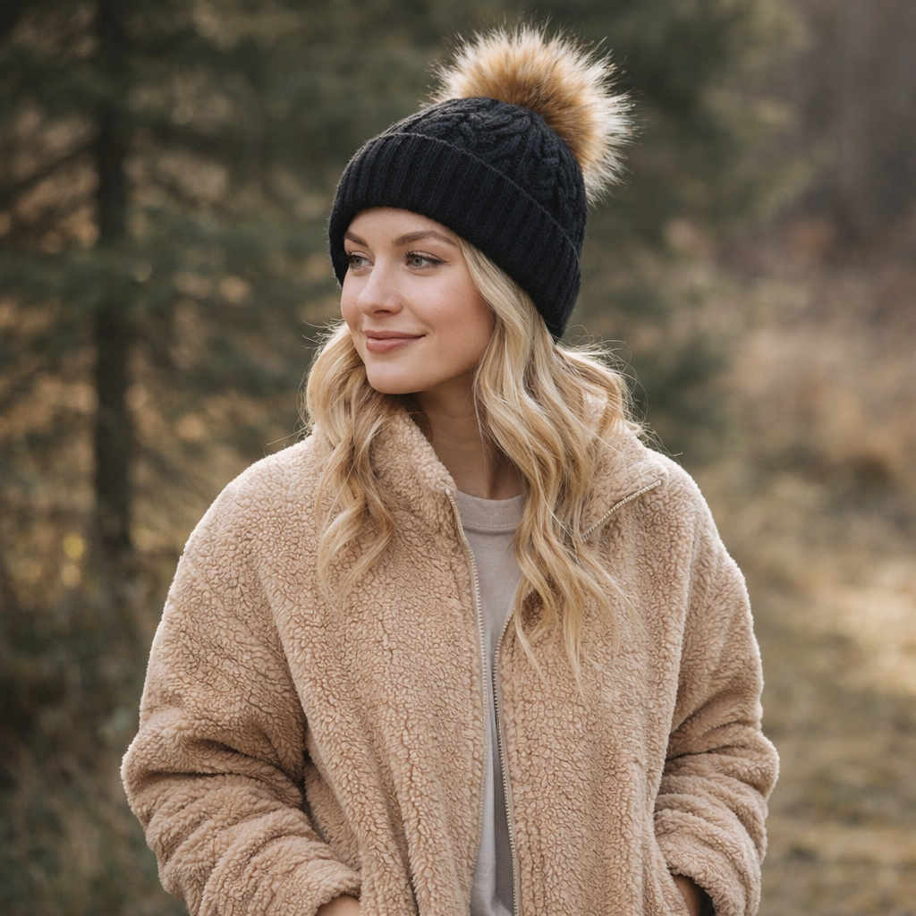 Winter Faux Fur Pom Cable Knit Beanie – Warm Chunky Cuffed Hat