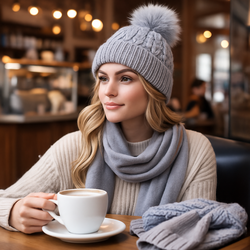 Winter Warm Cable Knit Beanie with Faux Fur Pom