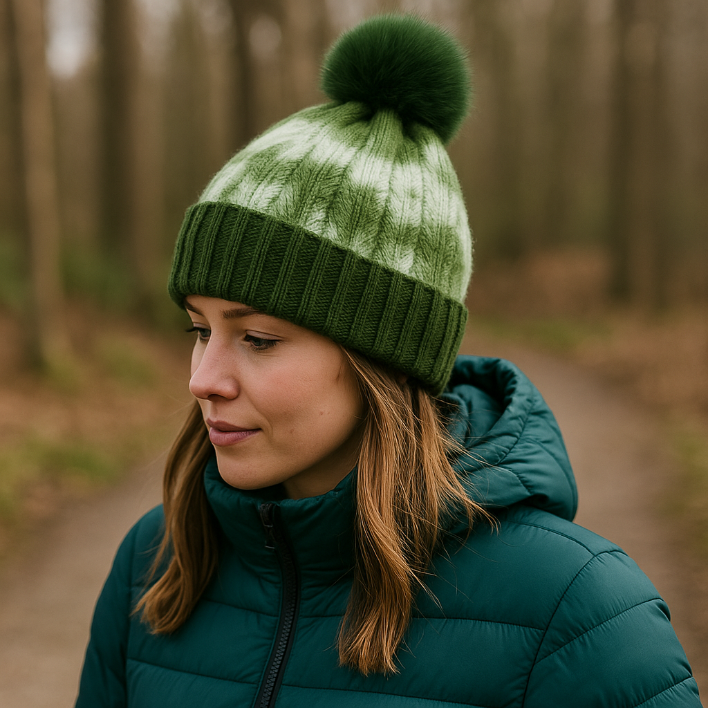 Winter Warm Cable Knit Pom Pom Beanie with Folded Cuff and Faux Fur Ball