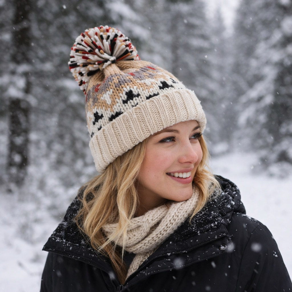 Multicolor Winter Knit Beanie Hat with Pom Pom and Nordic Pattern
