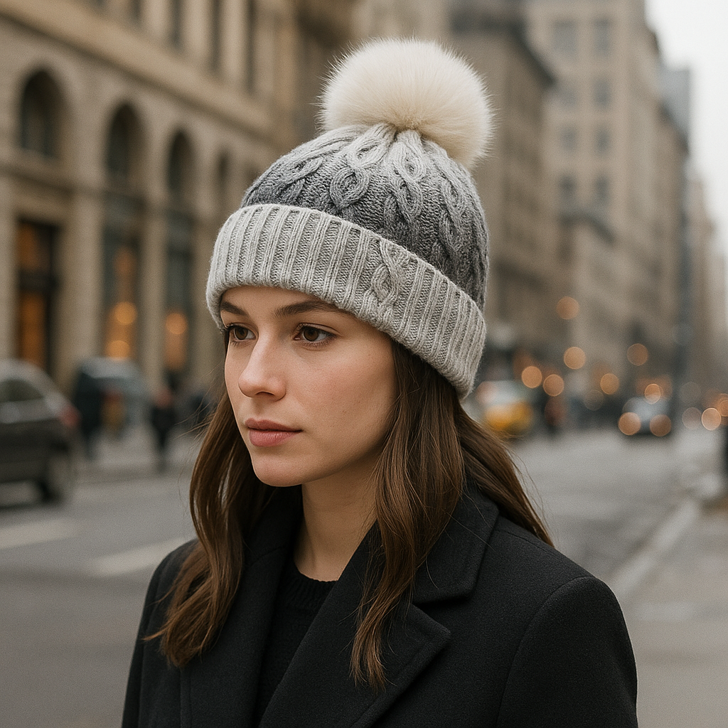 Rainbow Gradient Cable Knit Beanie with Faux Fur Pom Pom