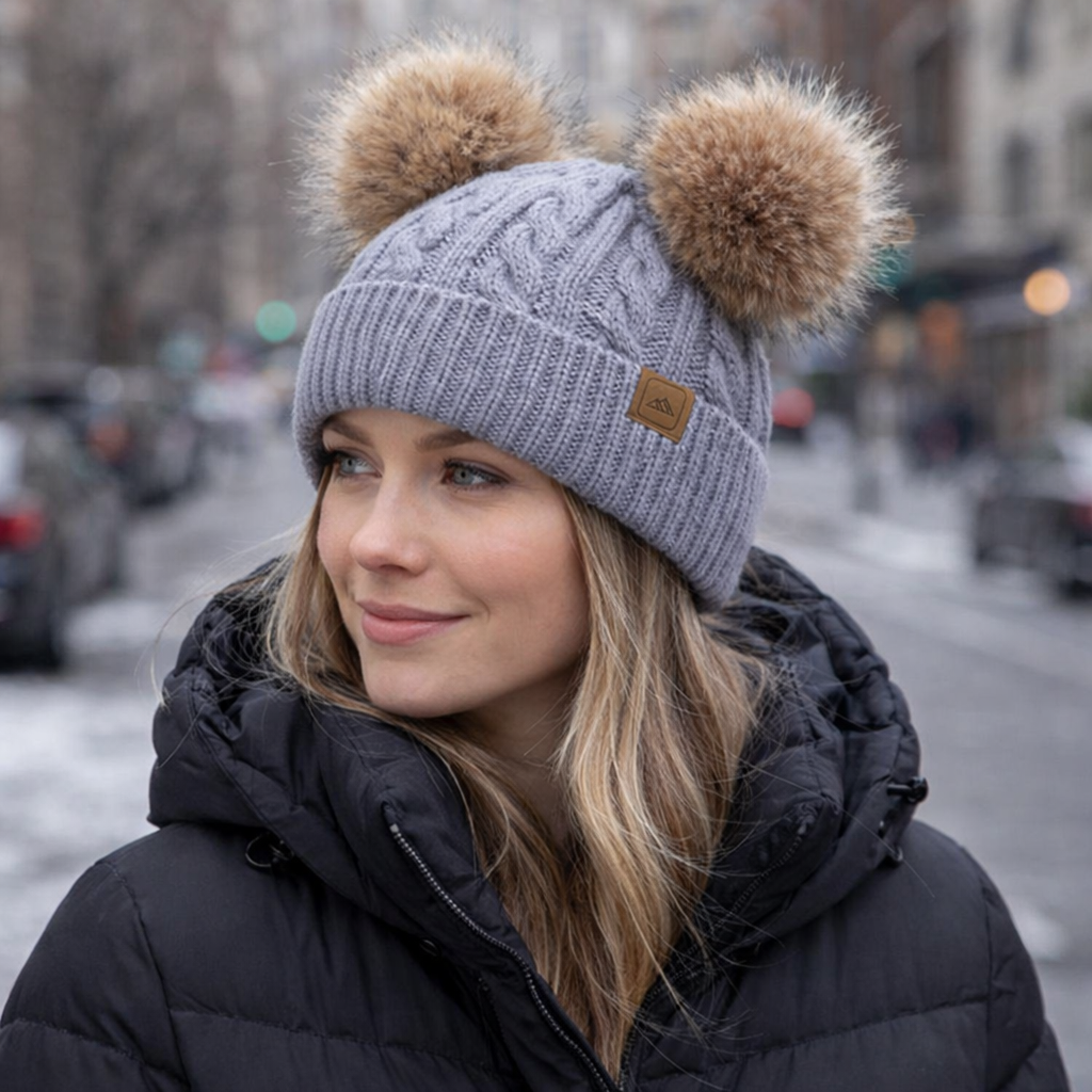 Warm Winter Cable Knit Double Pom Pom Beanie Hat for Kids & Adults