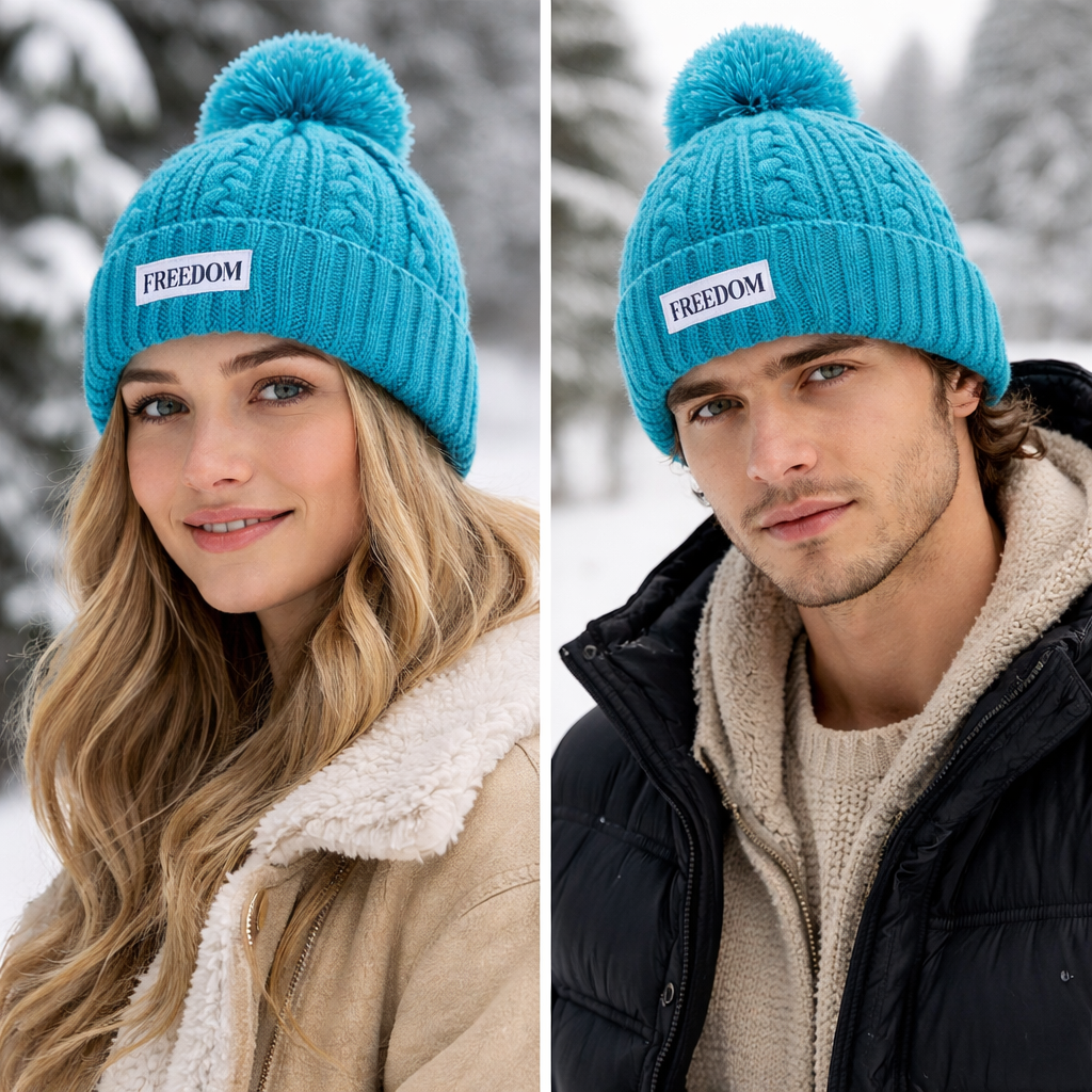 Blue Cable Knit Pom Pom Beanie with FREEDOM Patch