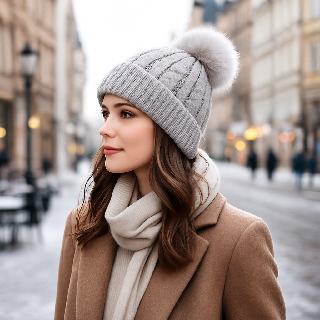 Winter Warm Knit Beanie Hat with Faux Fur Pom Pom – Multiple Colors