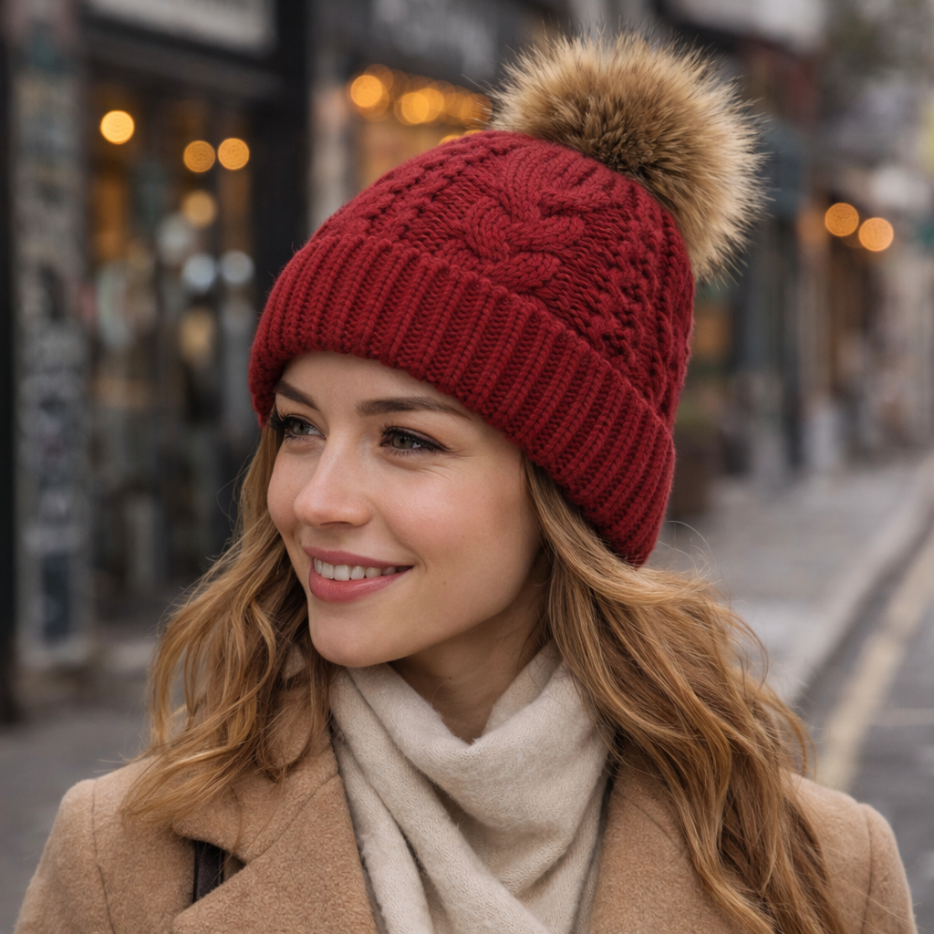 Winter Warm Cable Knit Beanie with Faux Fur Pom – Cuffed Soft Wool Hat