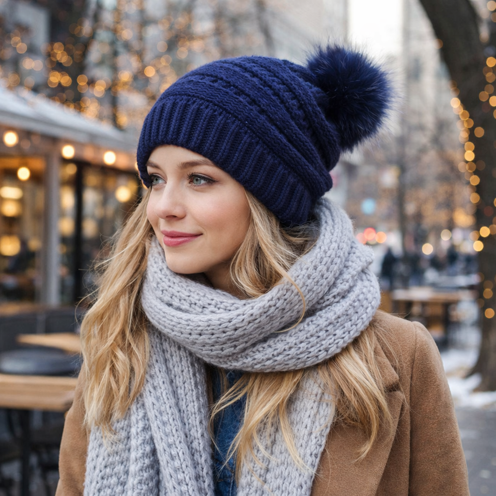 Winter Cable Knit Faux Fur Pom Pom Cuffed Beanie Hat