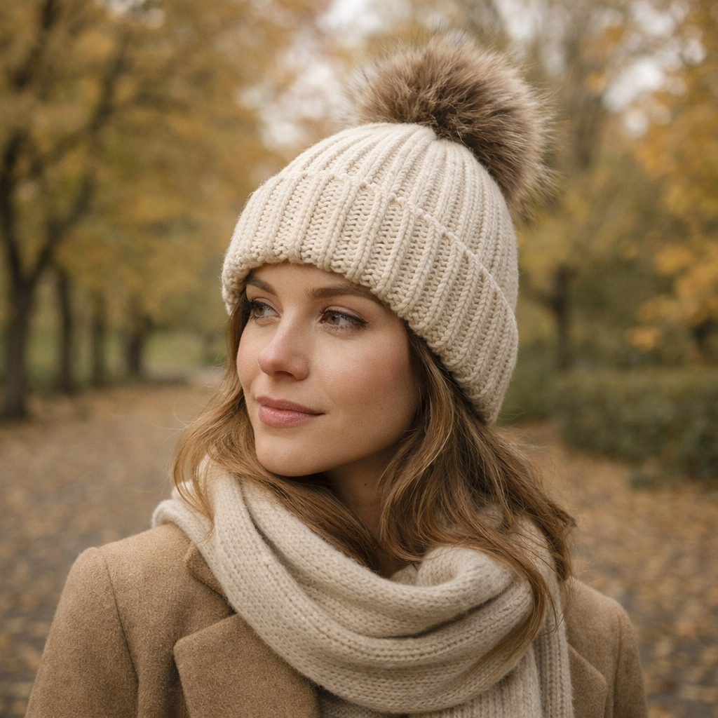 Winter Faux Fur Pom Beanie – Thick Knit Cuffed Warm Hat