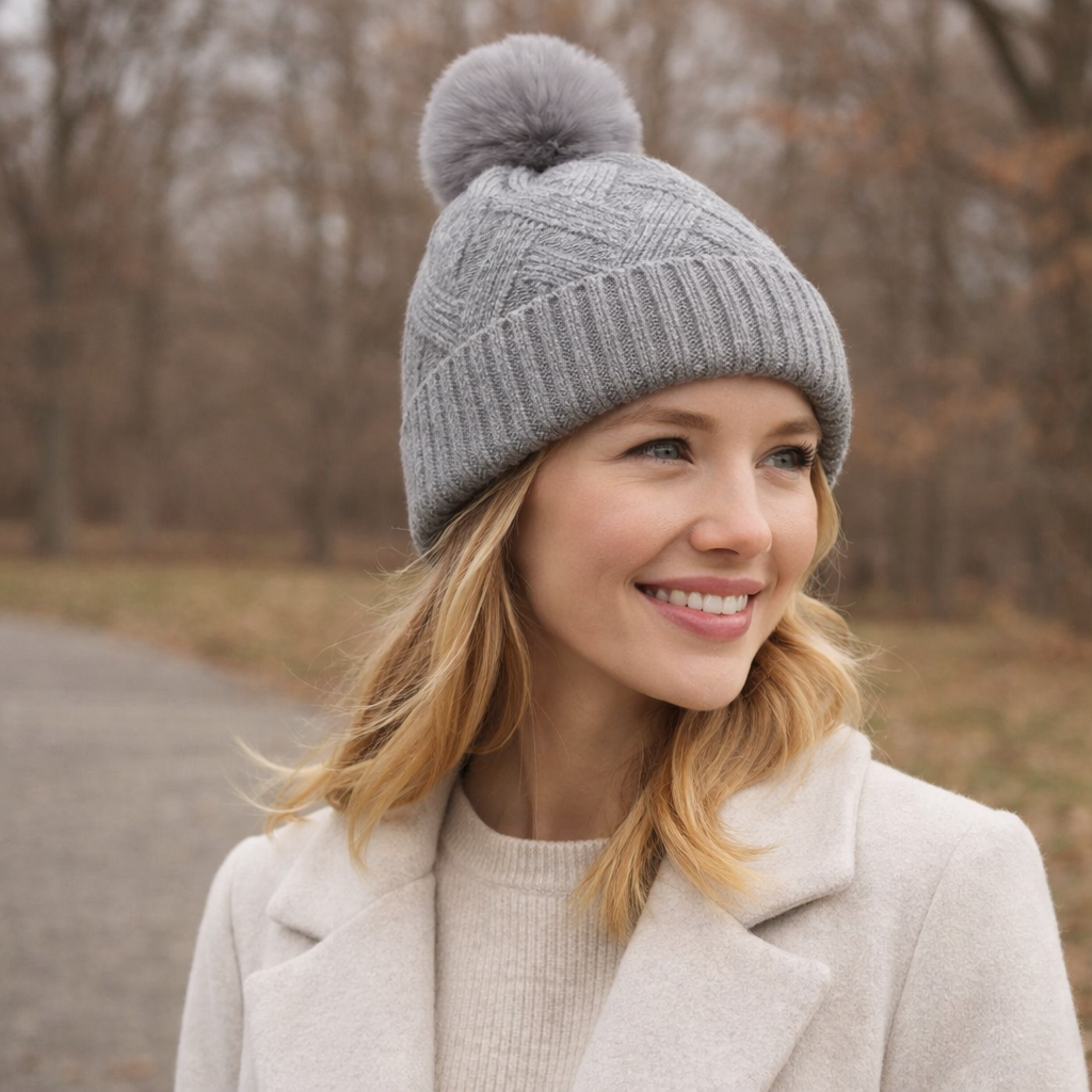 Winter Pom-Pom Knit Beanie – Soft Cable Texture with Faux Fur Top
