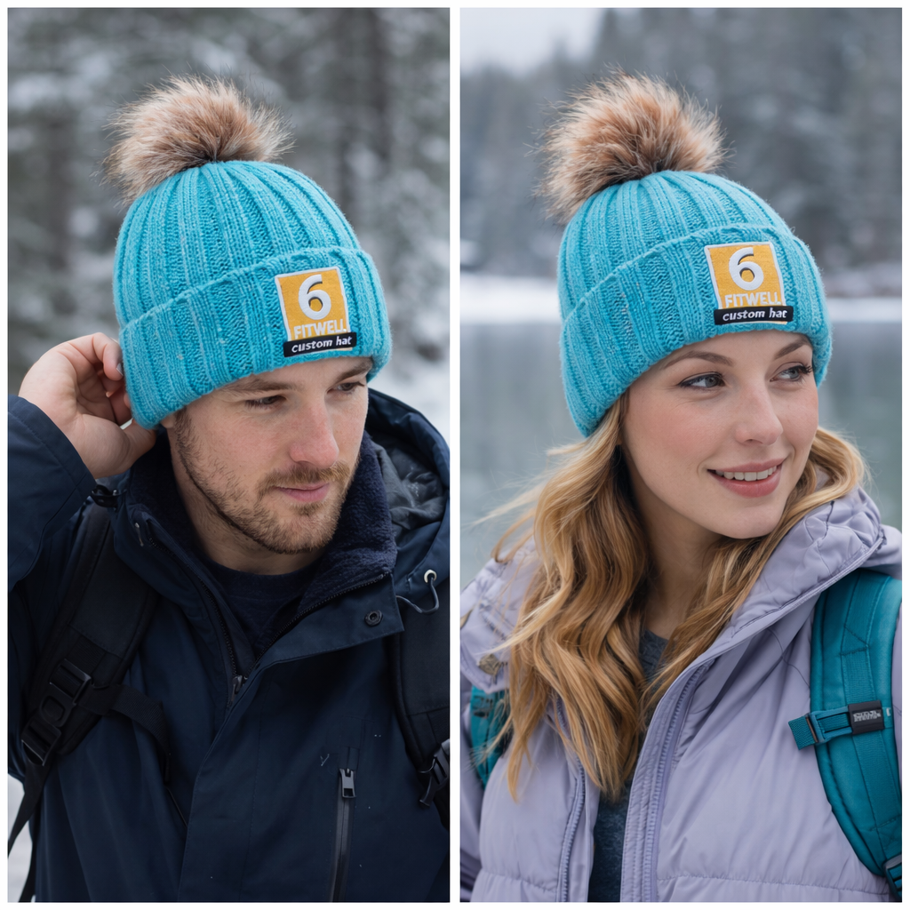 Blue Ribbed Knit Beanie with Faux Fur Pom and Embroidered Patch