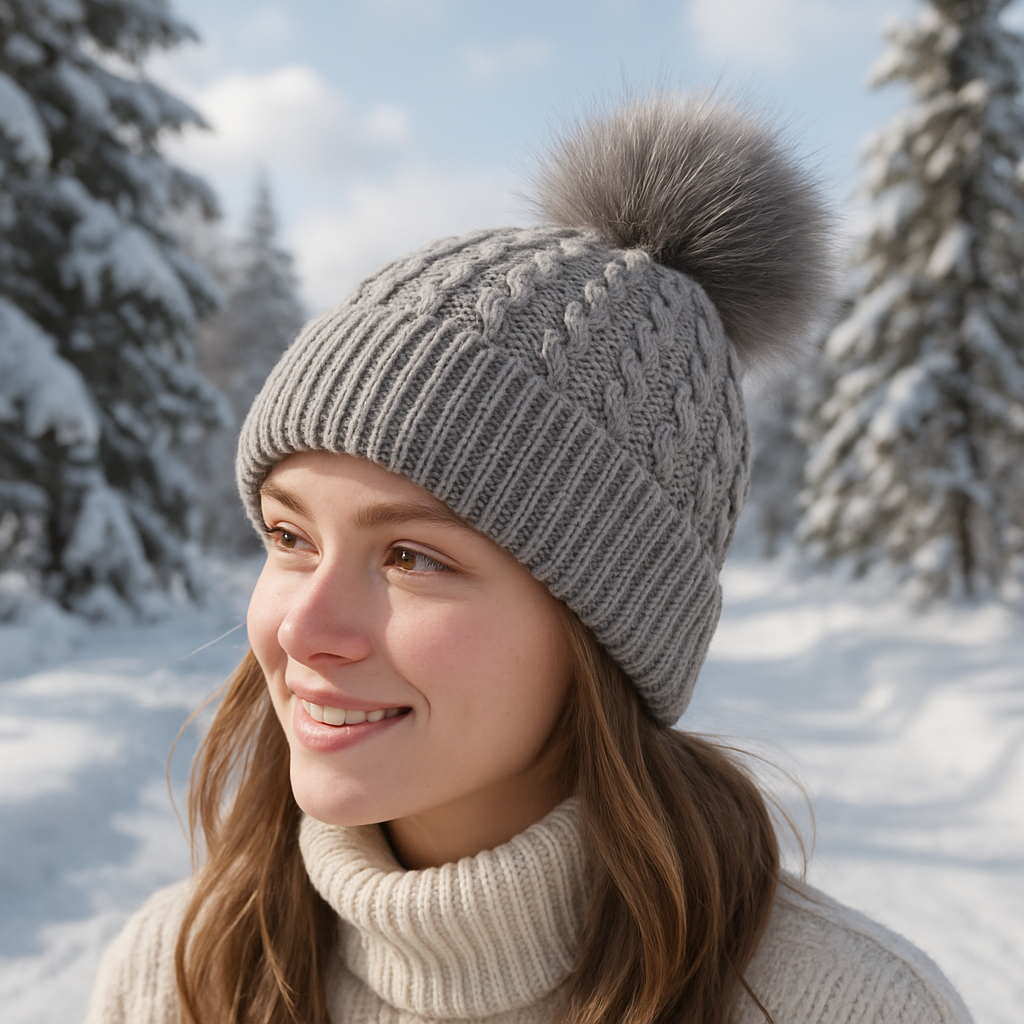 Winter Warm Knitted Beanie with Faux Fur Pom and Satin Lining