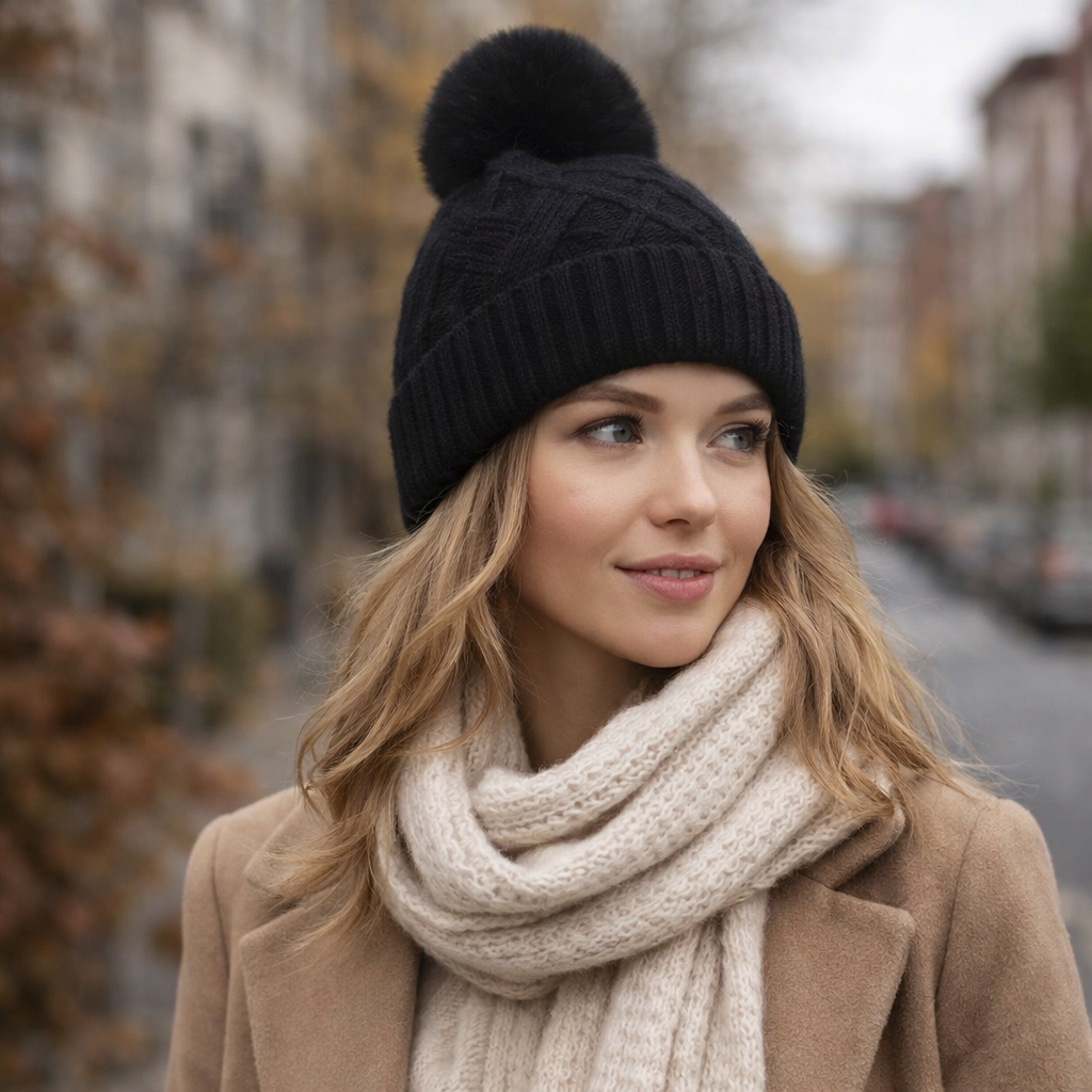 Winter Pom-Pom Knit Beanie – Soft Cable Texture with Faux Fur Top