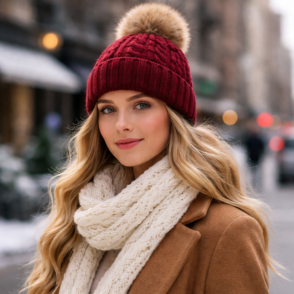 Winter Cable Knit Pom Pom Beanie – Soft Cuffed Hat with Faux Fur Ball