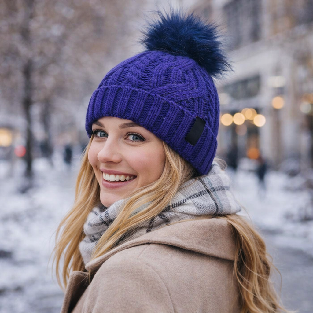Winter Warm Knit Pom Beanie with Faux Fur Trim