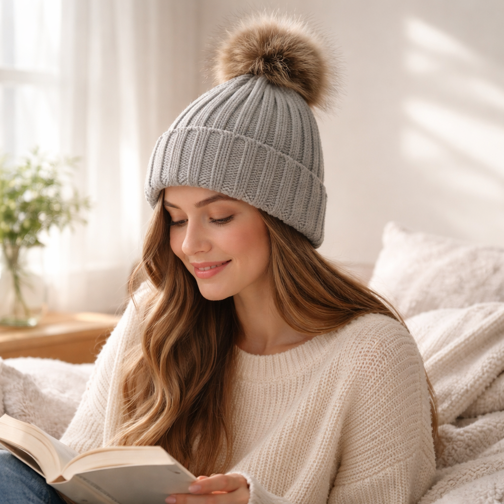 Winter Faux Fur Pom Beanie – Thick Knit Cuffed Warm Hat