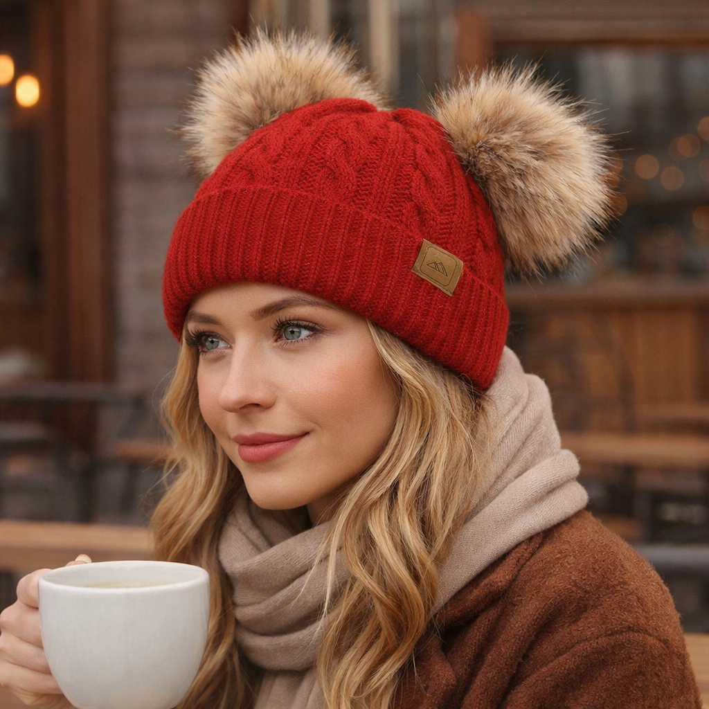 Warm Winter Cable Knit Double Pom Pom Beanie Hat for Kids & Adults