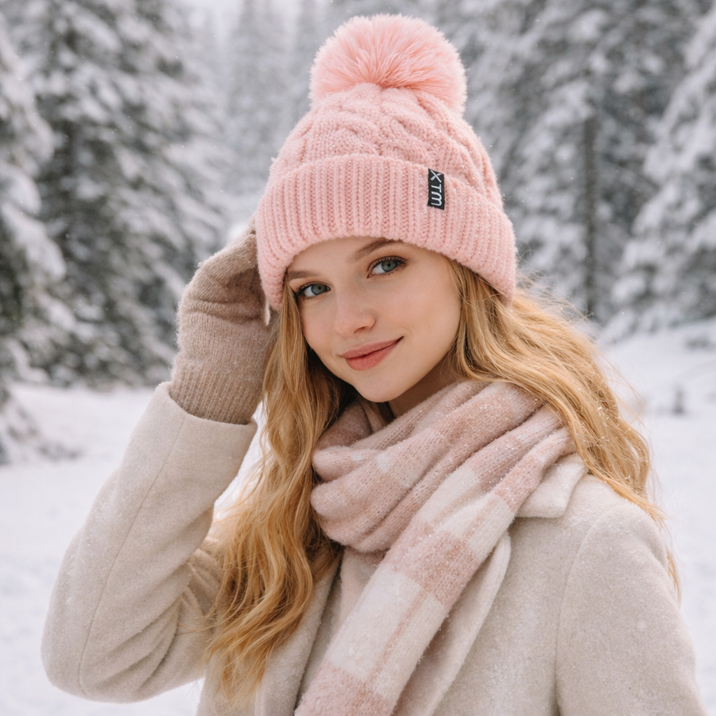 Thick Cable Knit Cuffed Beanie with Faux Fur Pom Pom for Winter