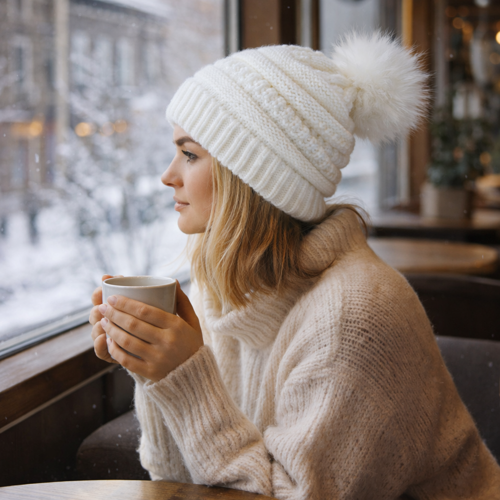 Winter Cable Knit Faux Fur Pom Pom Cuffed Beanie Hat