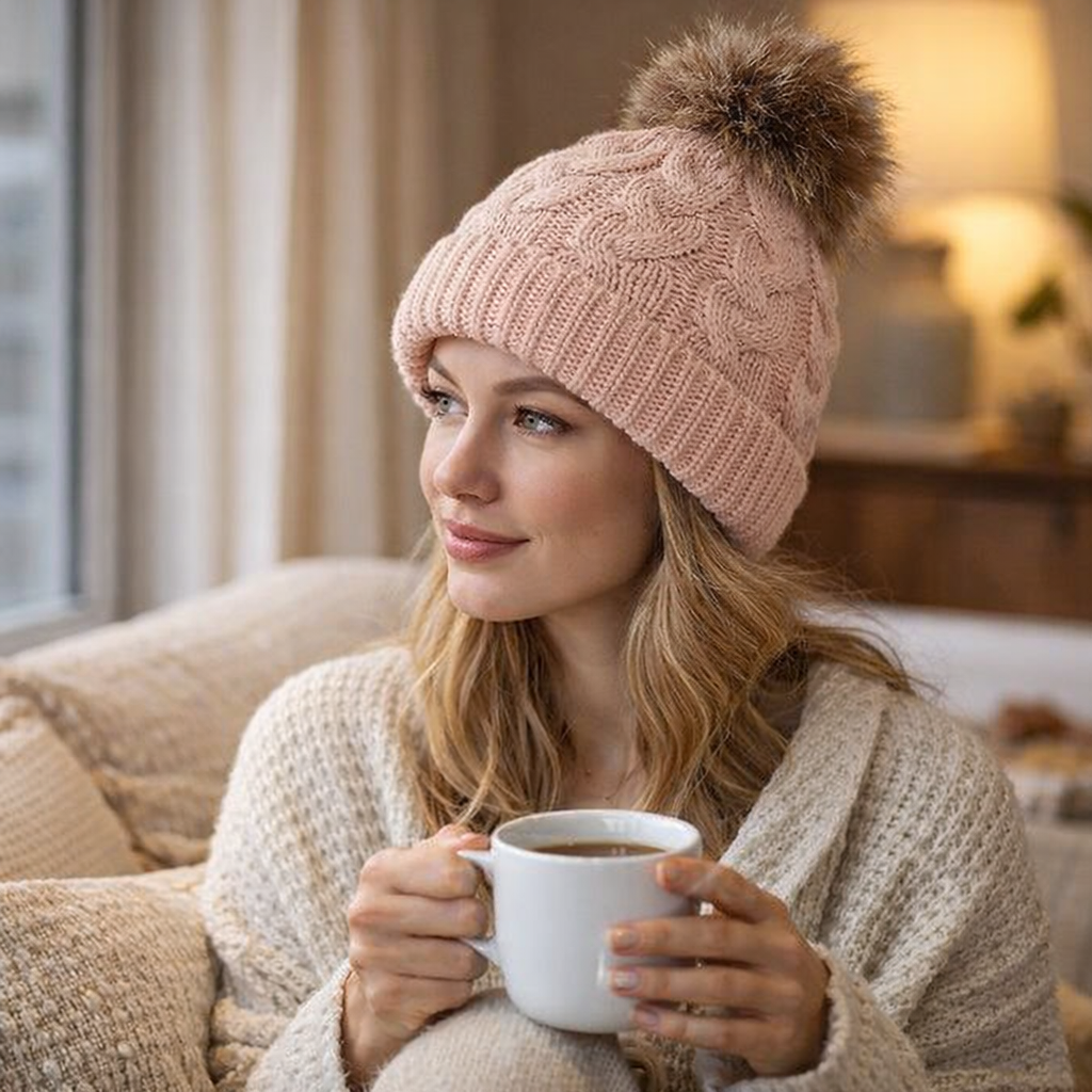 Winter Cable Knit Pom Pom Beanie Hat for Women Warm Soft Stretch Skull Cap