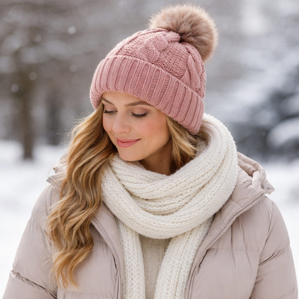 Winter Cable Knit Beanie with Faux Fur Pom Pom