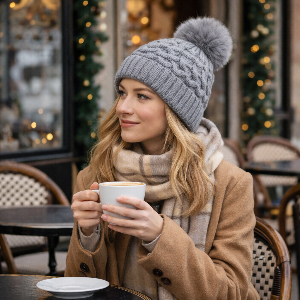 Winter Cable Knit Cuffed Beanie with Faux Fur Pom Pom for Women and Men