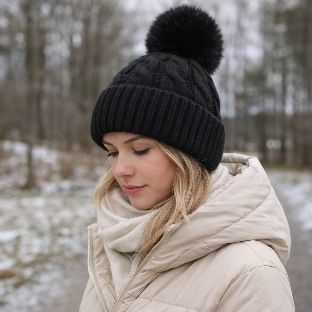 Winter Warm Cable Knit Pom Pom Beanie for Women and Men