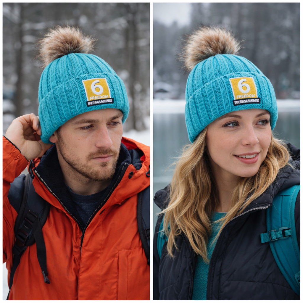 Blue Ribbed Knit Beanie with Faux Fur Pom and Embroidered Patch