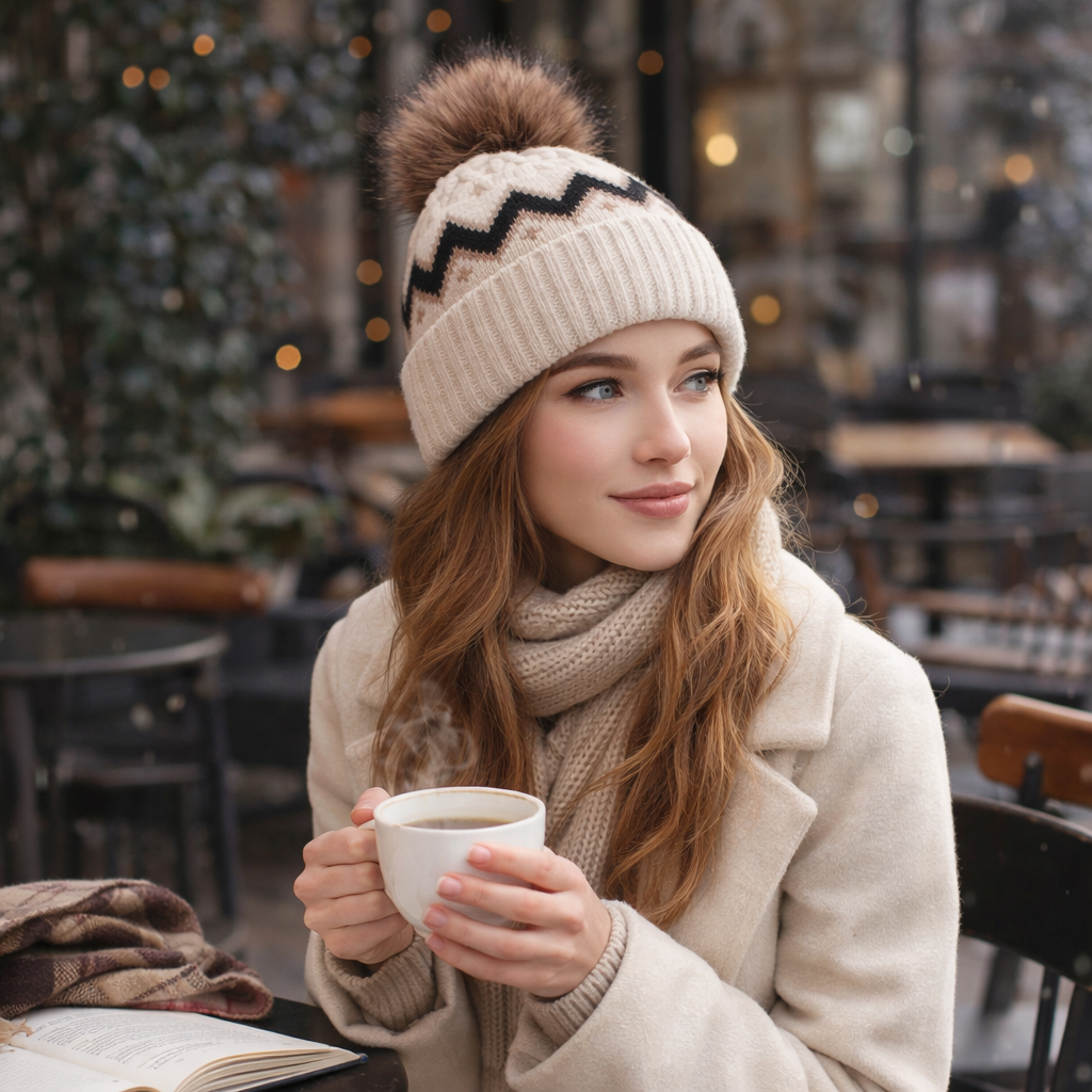 Winter Cable Knit Cuffed Beanie with Faux Fur Pom Pom for Women and Men