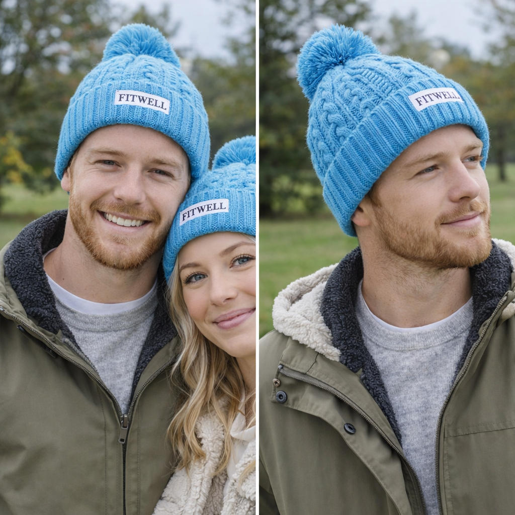 Blue Cable Knit Pom Pom Beanie with FREEDOM Patch