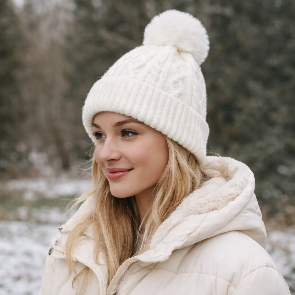 Winter Warm Cable Knit Beanie with Faux Fur Pom Pom