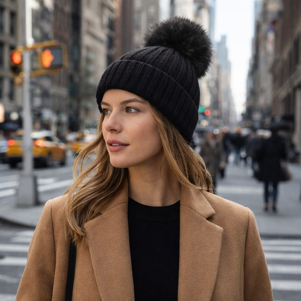 Winter Warm Chunky Knit Beanie Hat with Faux Fur Pom – Multiple Colors