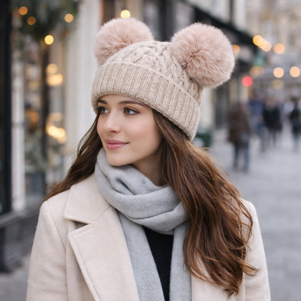 Double Pom Pom Soft Knit Winter Beanie for Kids and Adults