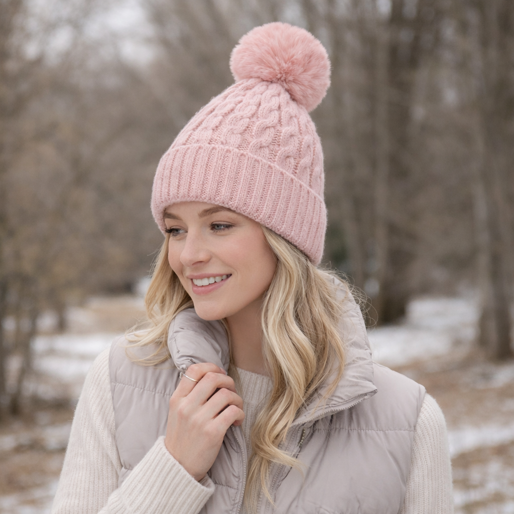 Winter Knit Beanie Hat with Faux Fur Pom – Thick Cable Cuffed Warm Cap for Women