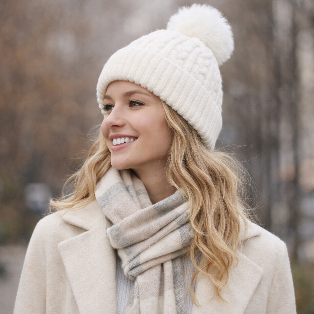 Winter Pom-Pom Cable Knit Beanie in Multiple Colors